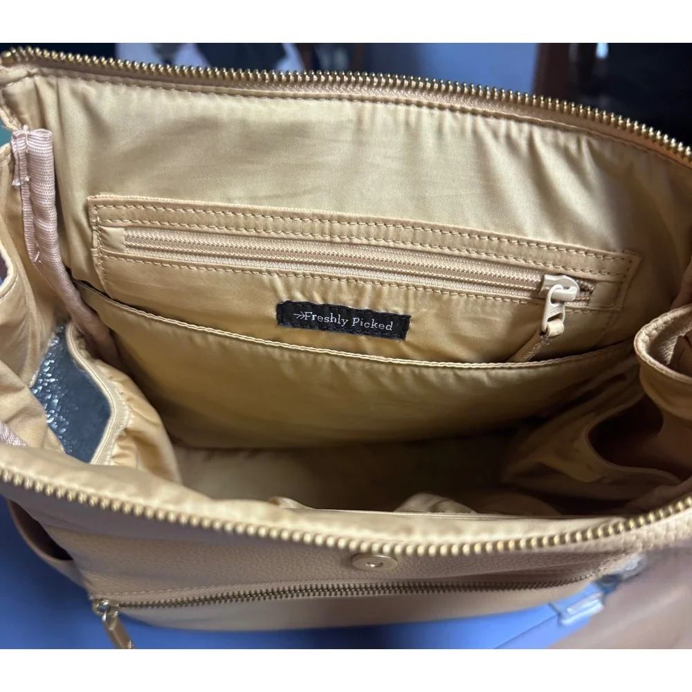 Freshly Picked Classic Diaper Bag Backpack Tan Vegan Leather Gold Hardware